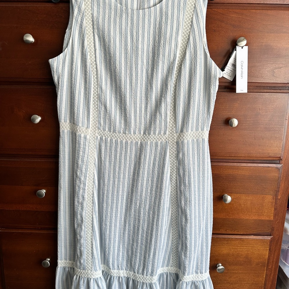 Calvin Klein Blue and White Striped Midi Dress